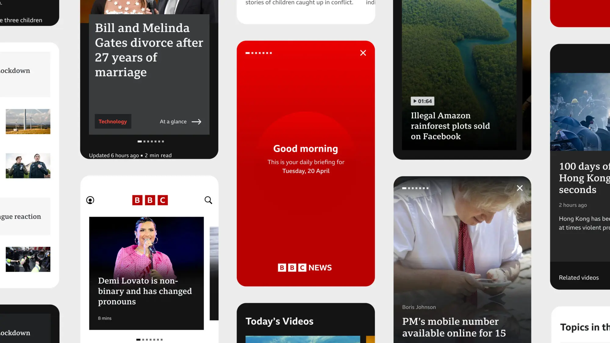 Multiple mobile phones showing the new BBC news app experience.