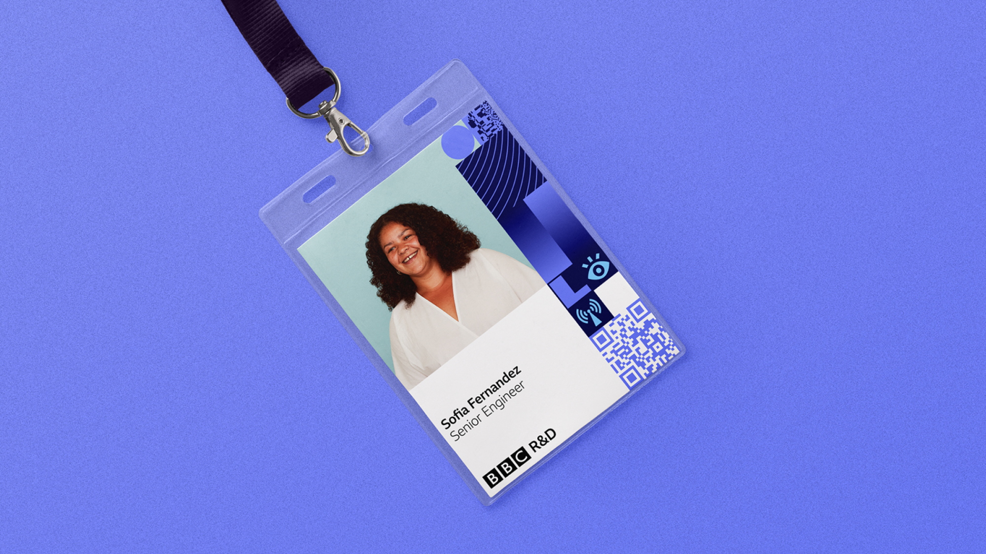 A name badge and photo on a lanyard featuring the new BBC R&D brand.