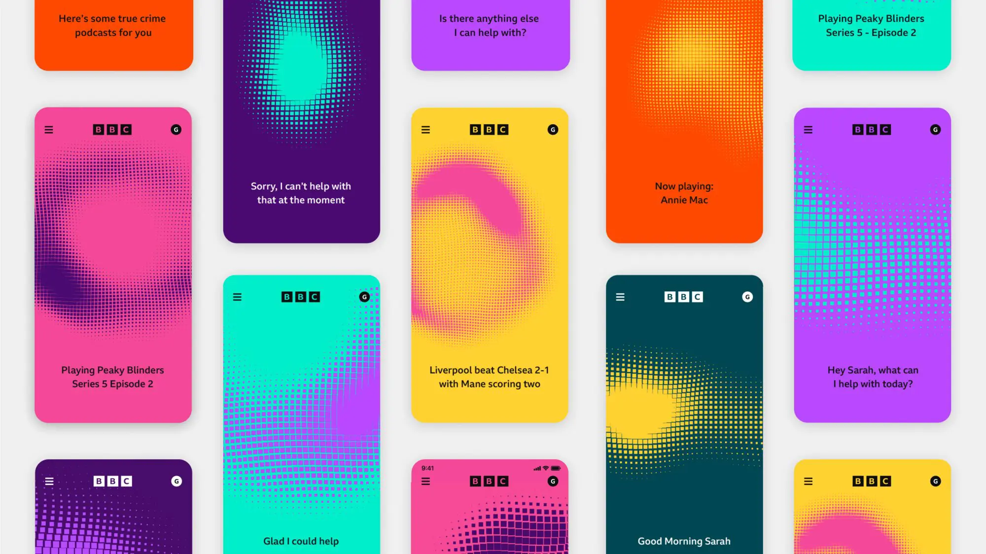 Multiple mobile devices featuring dynamic displays of graphic shapes in various colours based on the mood and message. These show how the persona of Beeb, the BBC's voice assistant, could be brought to life.