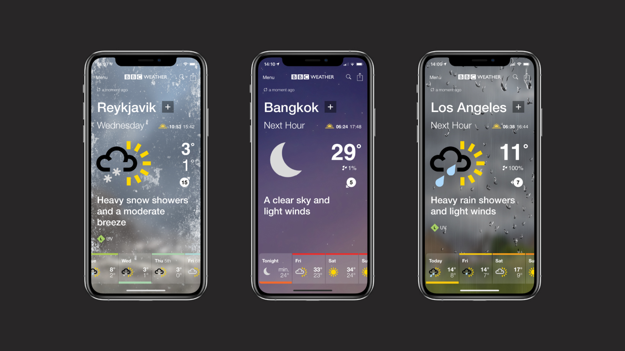 Three mobile phones displaying different weather forecasts from Reykjavík, Bangkok and Los Angeles.