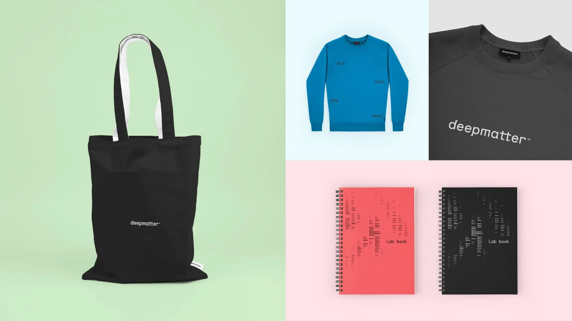 A bag, clothing and lab books all featuring the new deepmatter brand.