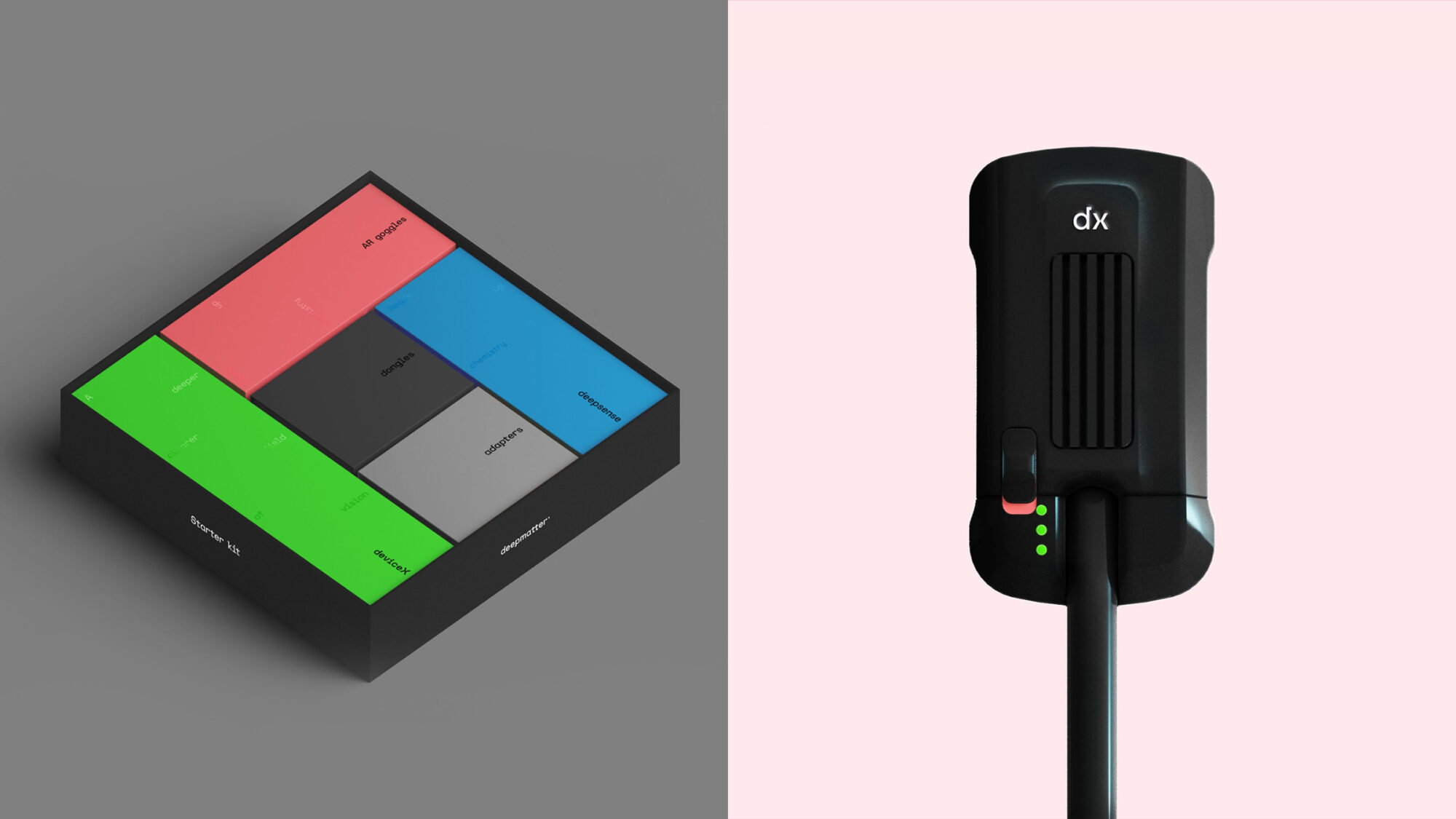 On the left is a mock-up of a deepmatter starter kit featuring the new brand. On the right is a close-up of the DeviceX multi-sensor data capture device.