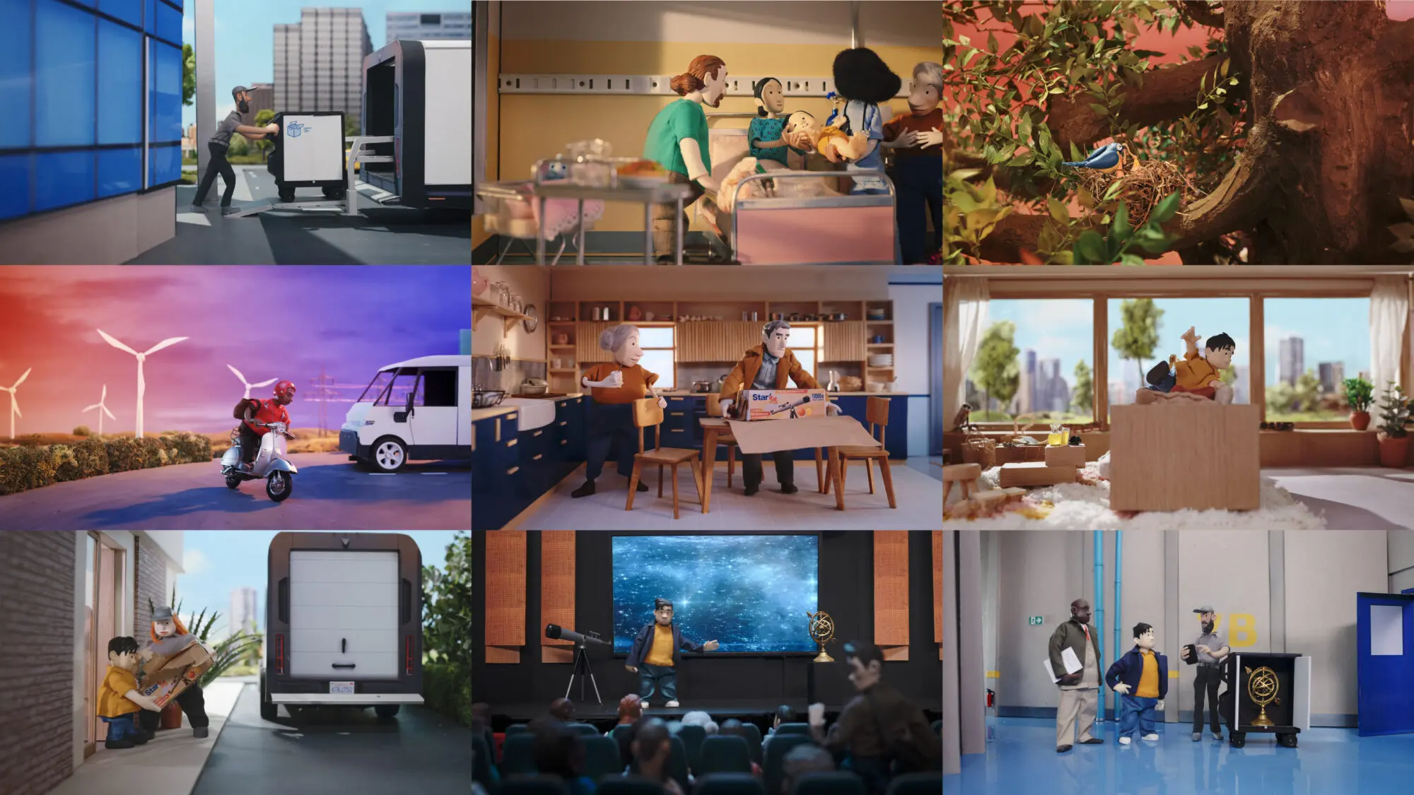 Scenes from the animated brand film titled 'Life is a Journey'. Each features characters going about their daily lives, with the theme of 'delivery' running through - from delivering a baby to delivering takeaway food.