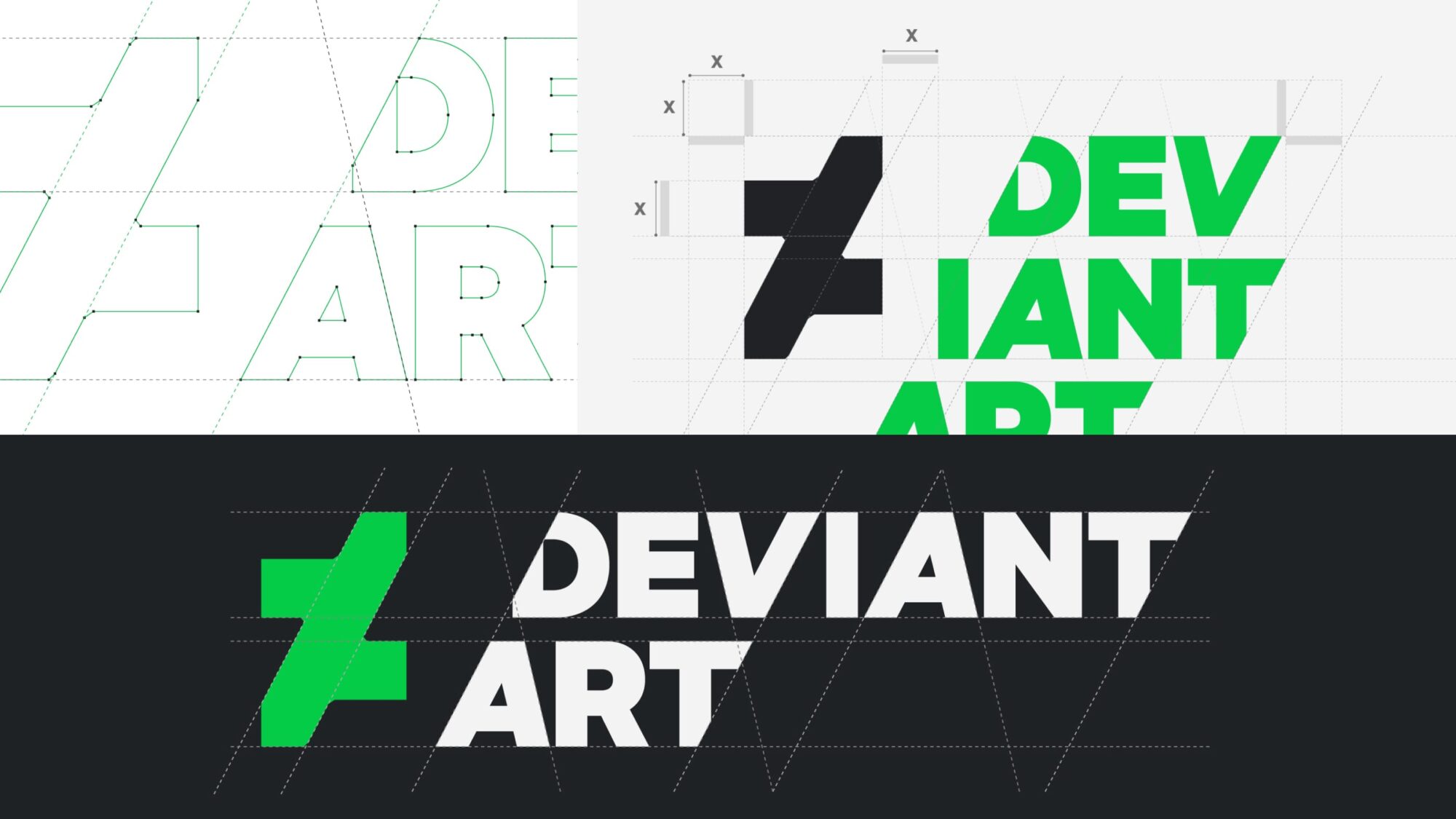 The DeviantArt symbol and wordmark, with lines showing the symmetry of the angles between the two elements.