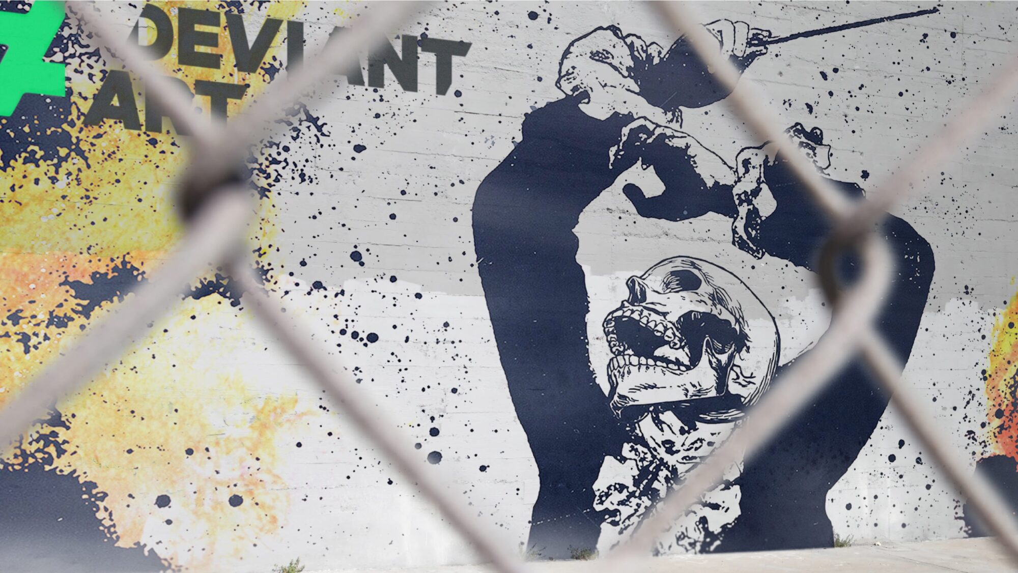 Black and white artwork, behind a chain link fence, of a conductor with a skull in place of a human face raising his hands up, one holding a baton. Top left sits the DeviantArt logo.