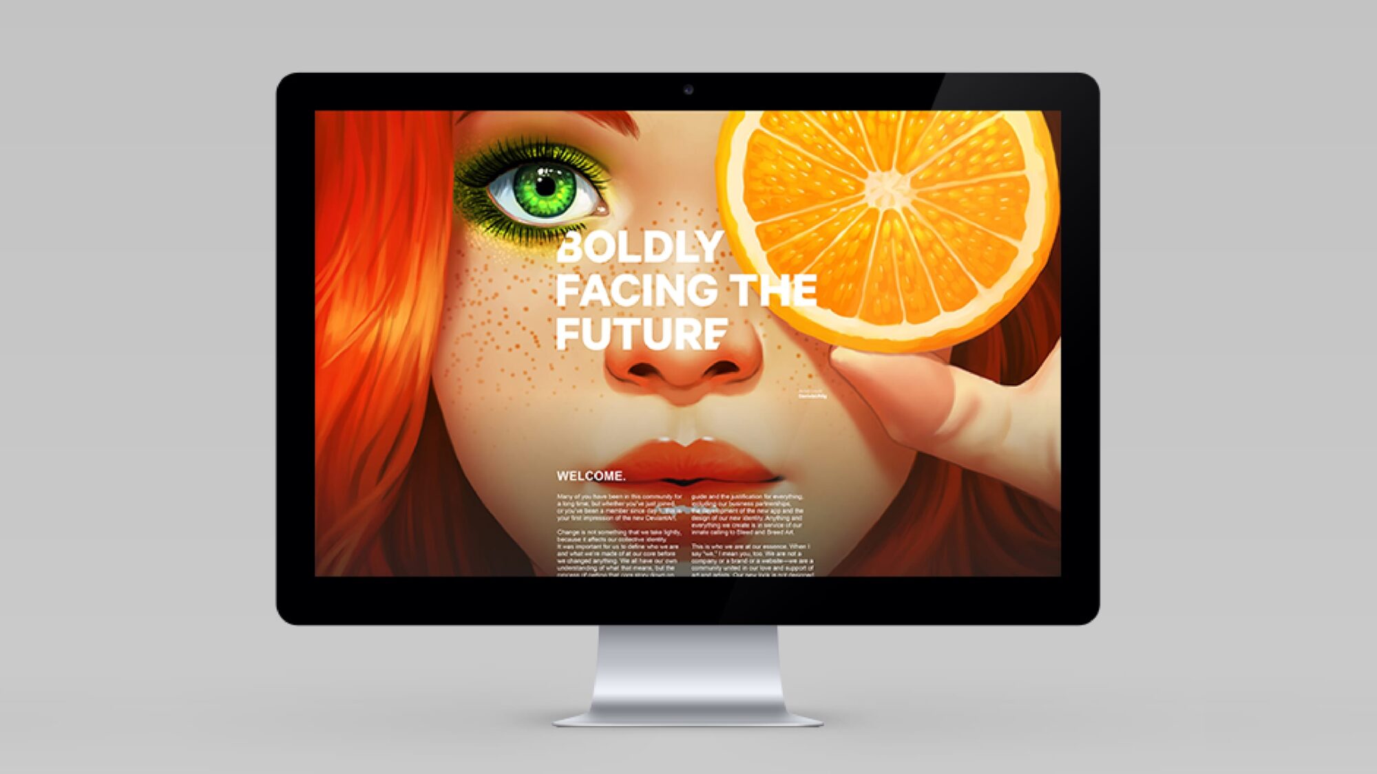 A webpage on a tablet showing artwork of a girl with fiery red hair and green eyes. Over her left eye she holds half an orange, with the inside facing us. The title is 