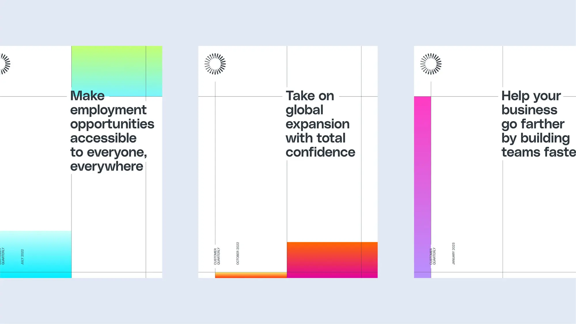 A series of G-P branded quarterly customer reports. The middle one is titled: 