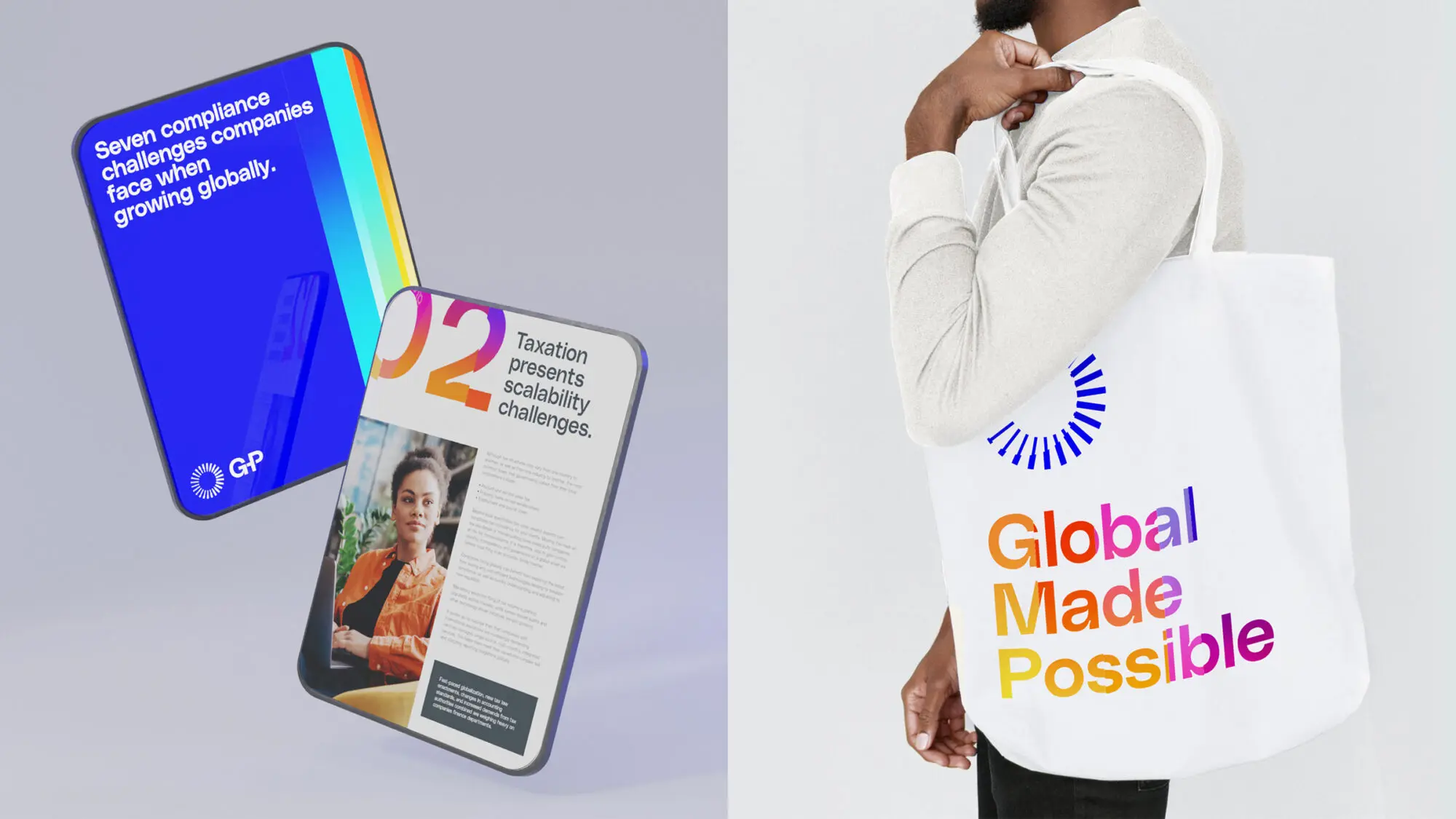 Two tablets with mock-up G-P web pages and a branded tote bag that says 