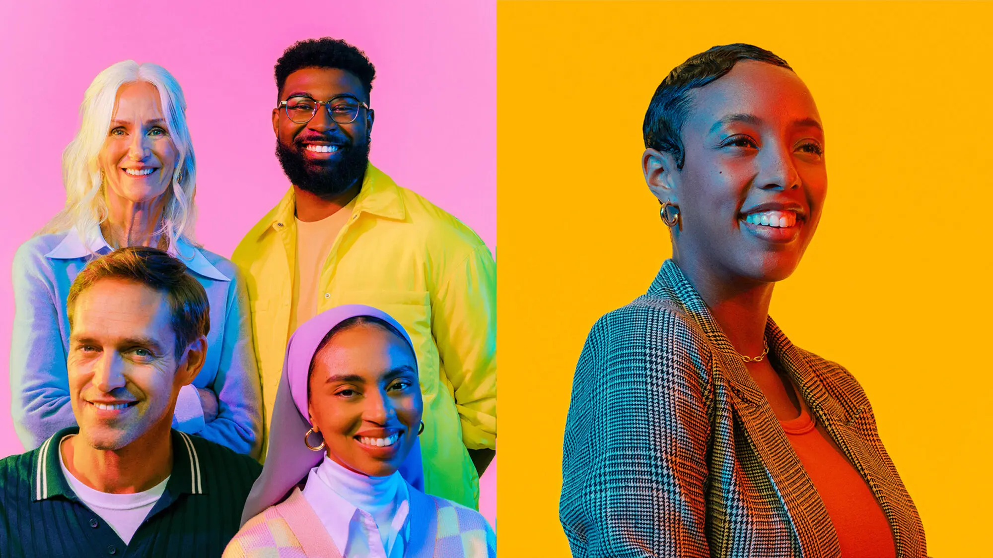 Colourful photography of different people smiling.