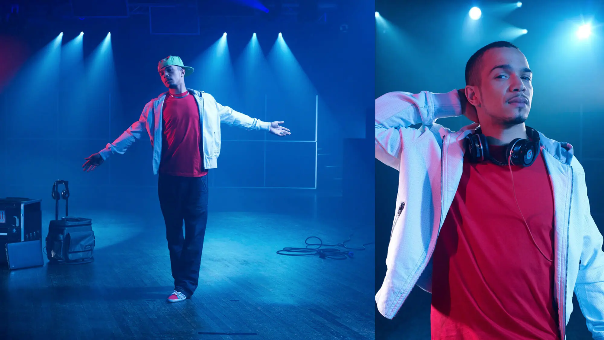 Two pictures of a man in a red hoodie and a white shirt, standing in a recording studio.