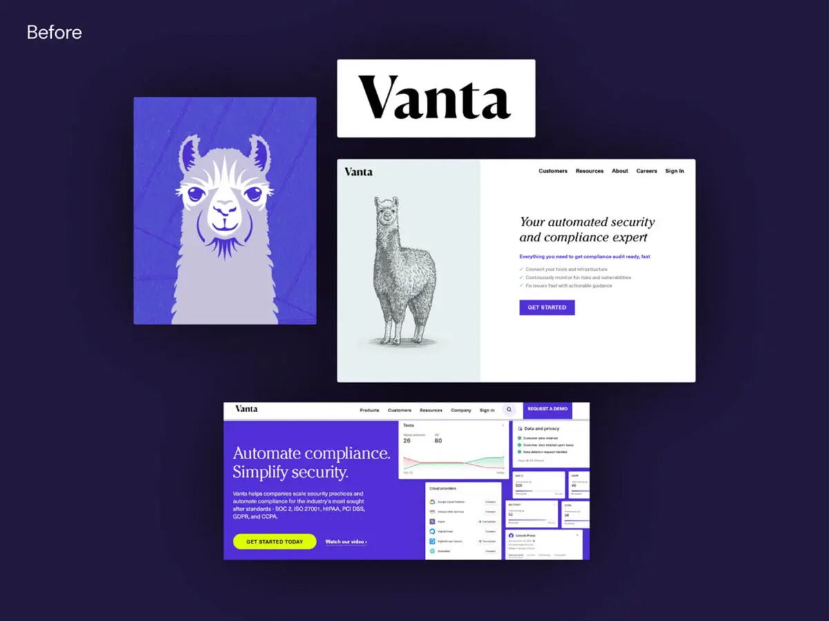 A compilation of the brand before Moving Brands rebranded Vanta.