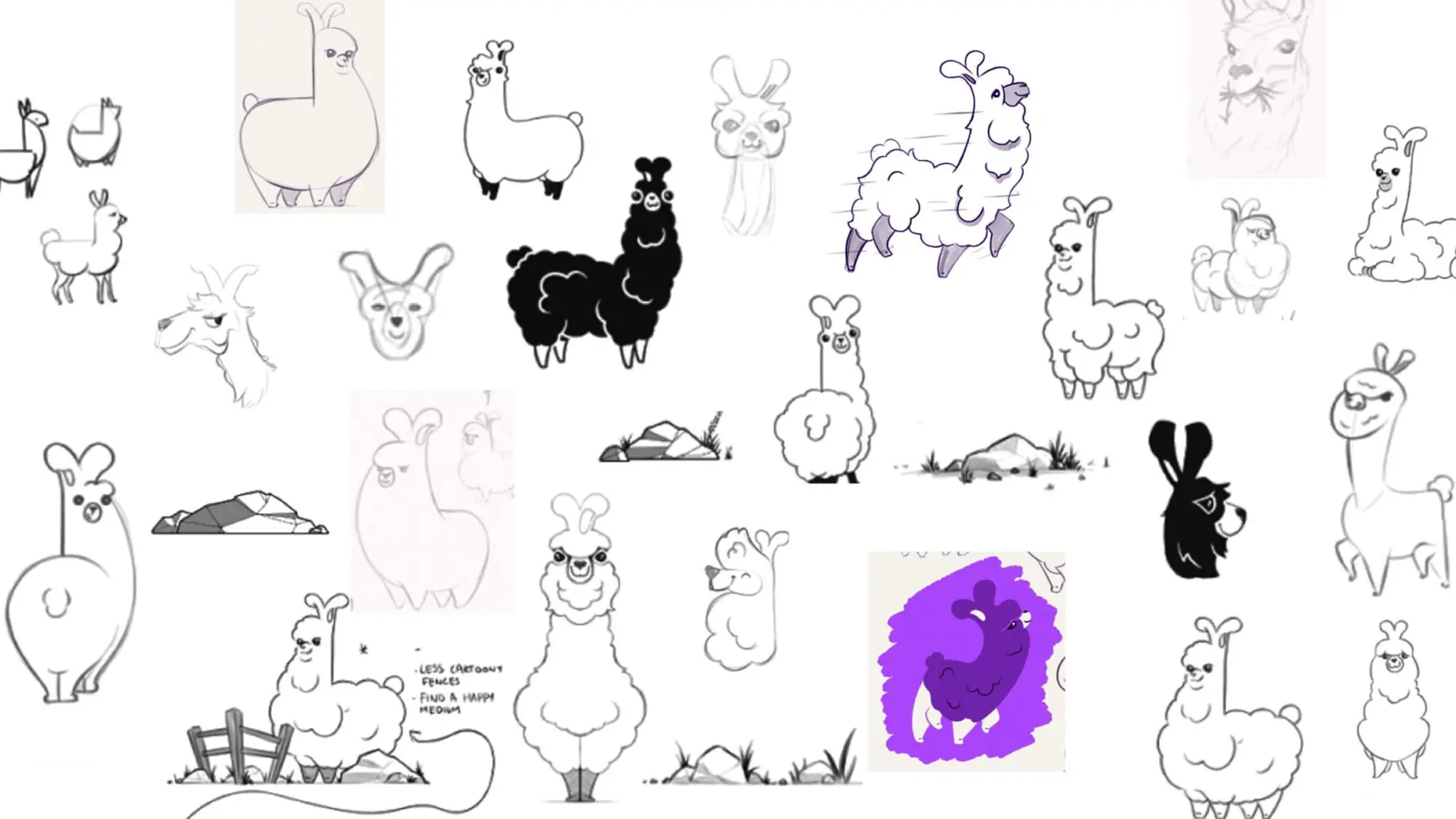 Sketches showing the different iterations and exploration of the llama brand mascot.