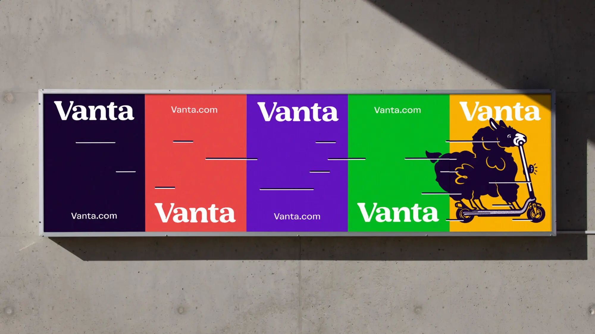 A street with five graphic Vanta posters pasted on the wall. The llama is seen riding through all of them on a scooter.