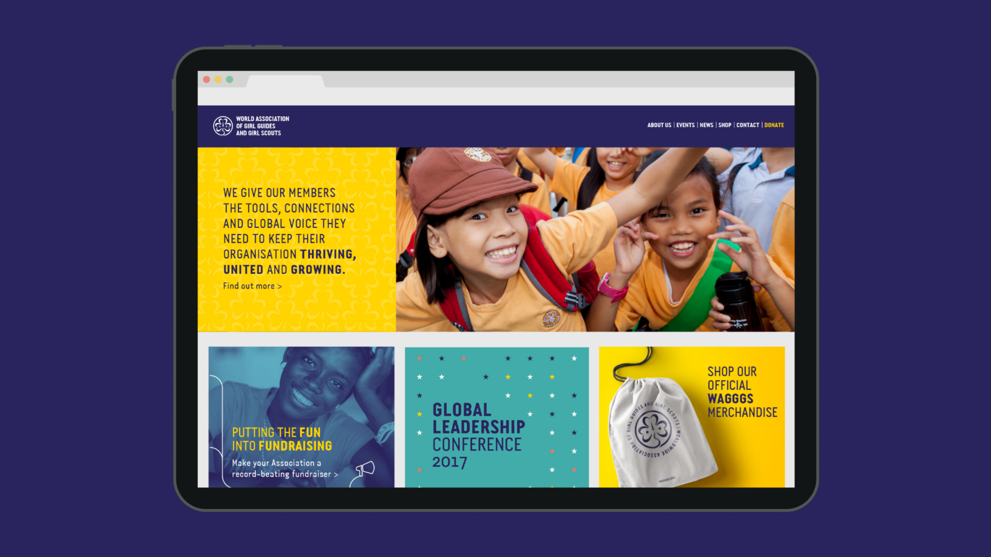 A mock-up of a in branded WAGGGS website.