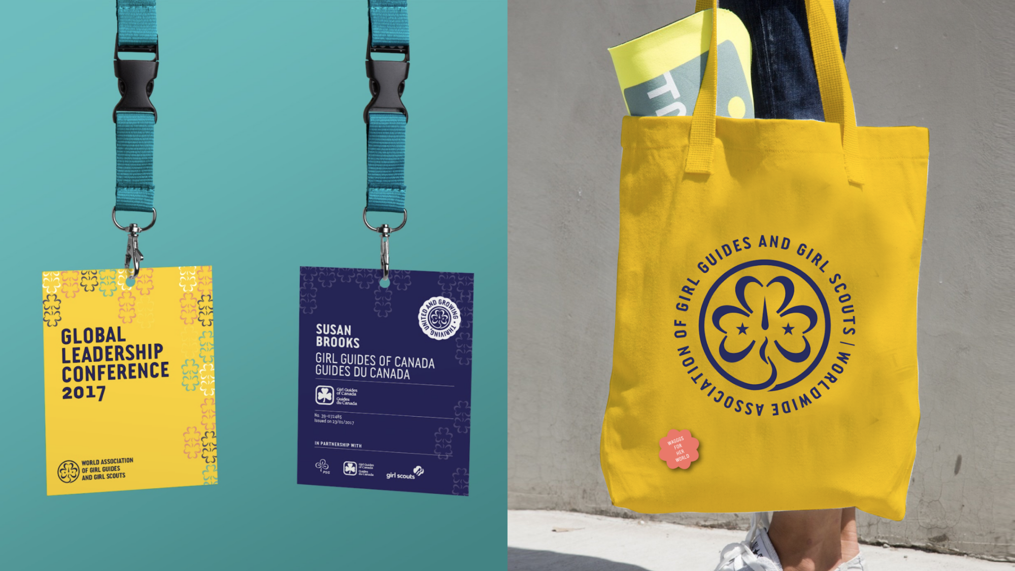 A branded yellow tote bag and name tag.