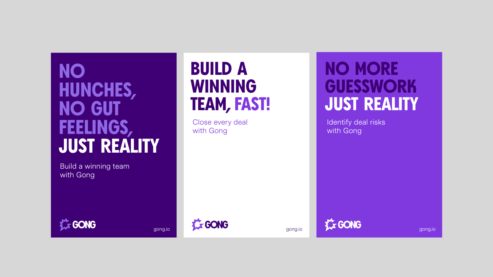 Three graphic Gong posters in different purple shades. The middle poster features a title “Build a winning team, fast!”