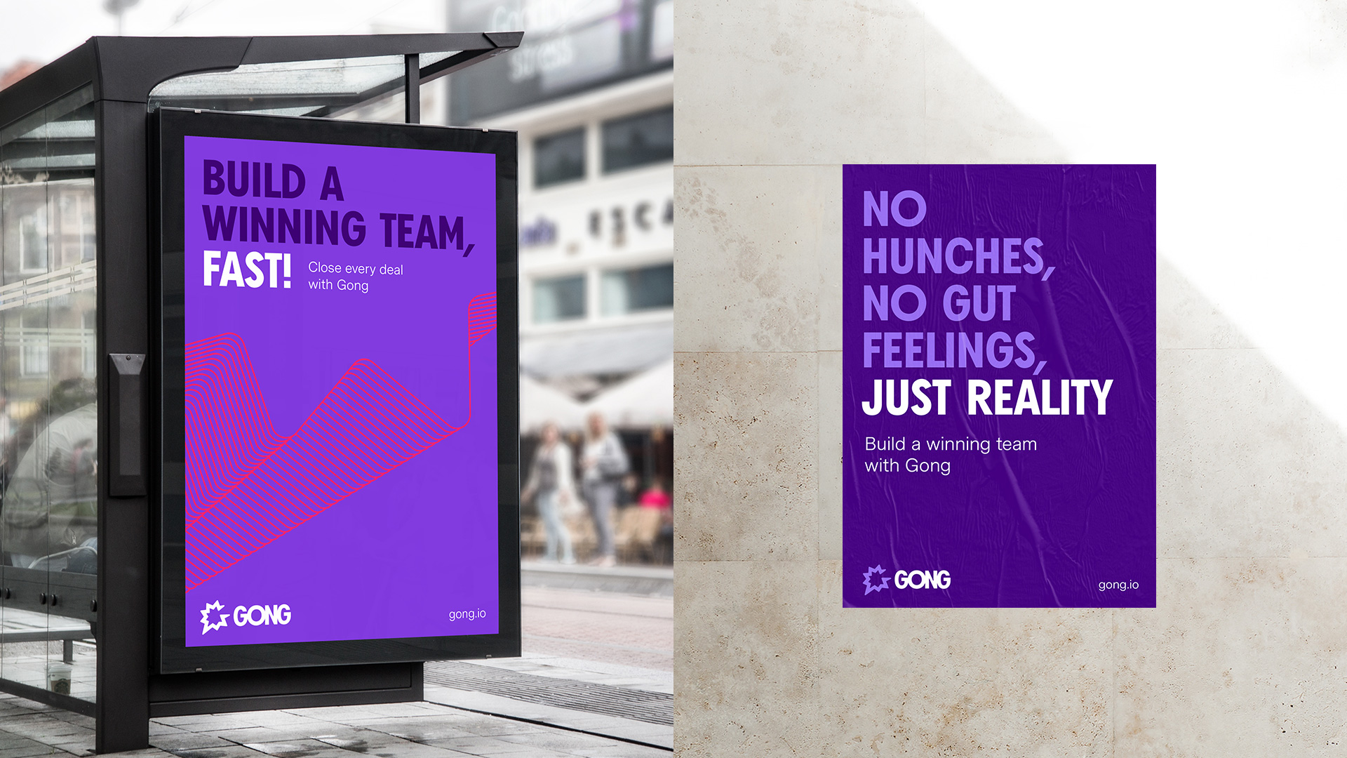 A bus stop poster on the left featuring the title “Build a winning team, fast” and a poster featuring the title “No hunches, no gut feelings, just reality