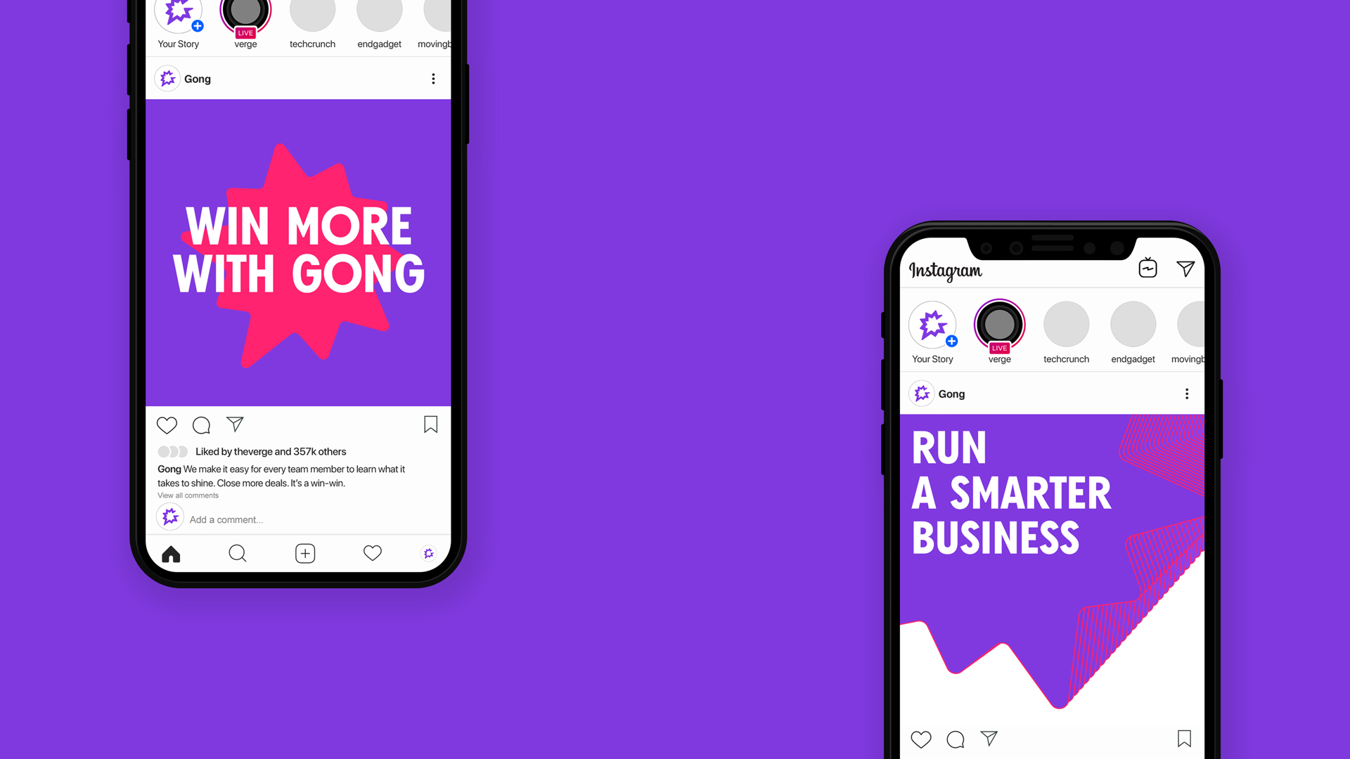 Two phone screens on a purple background showing Gong's Instagram posts.