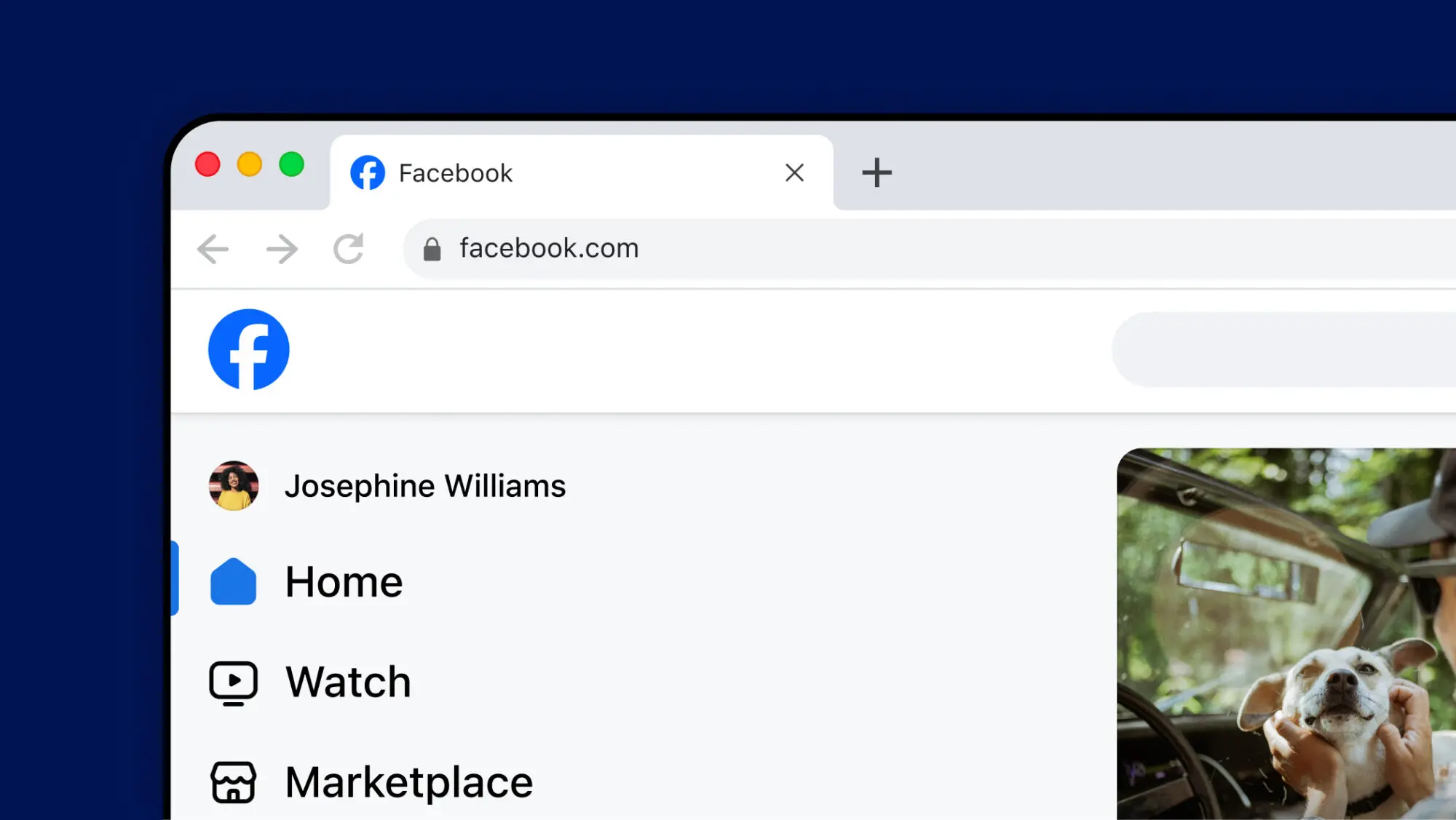 The bottom left corner of the Facebook website on a desktop with a blue background.