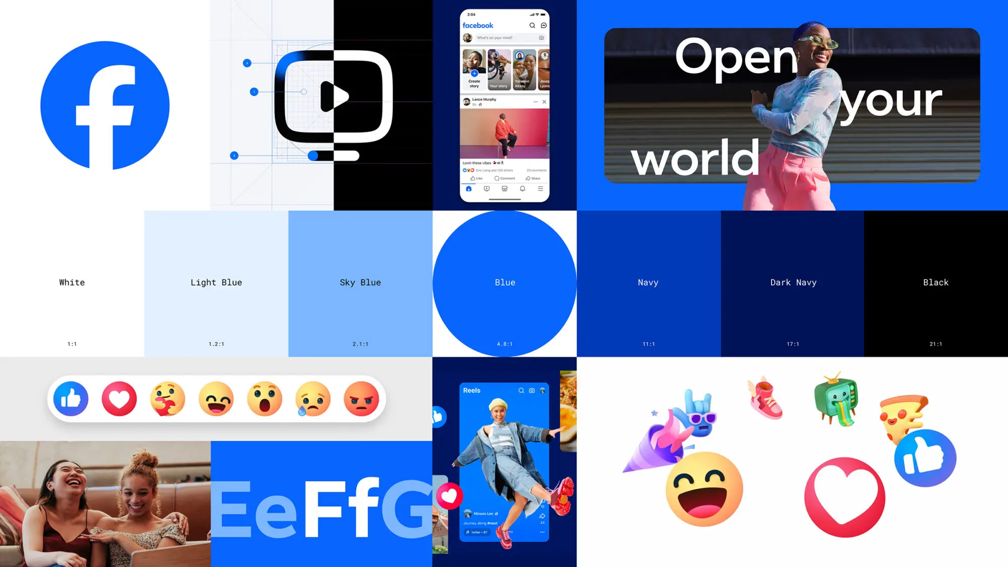 A grid of different brand elements ranging from colour palettes, icons, emojis, type styles and more.